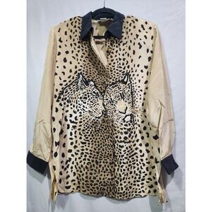 Diane Gilman Vtg 80s 90s‎  Beaded 100% Silk Cheetah Blouse Shirt Oversized Large